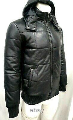 ANTARTIC Mens Classic Designer Black Soft Napa Leather Hooded PUFFER Jacket
