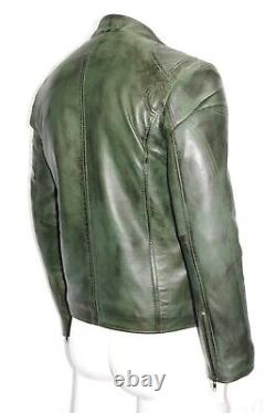 Arizona Mens Classic Biker Fitted Designer Style Green Soft Napa Leather Jacket