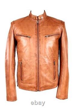 Arizona Mens Classic Biker Fitted Designer Style Tan Soft Napa Leather Jacket