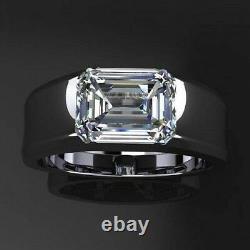 Awesome 2.60Ct Emerald Cut Moissanite Bezel Men's Engagement 14K White Gold Ring