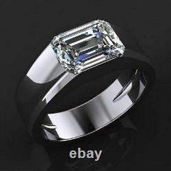 Awesome 2.60Ct Emerald Cut Moissanite Bezel Men's Engagement 14K White Gold Ring