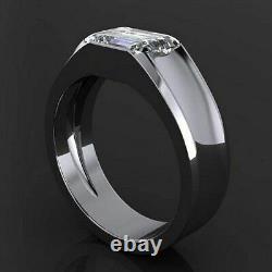 Awesome 2.60Ct Emerald Cut Moissanite Bezel Men's Engagement 14K White Gold Ring