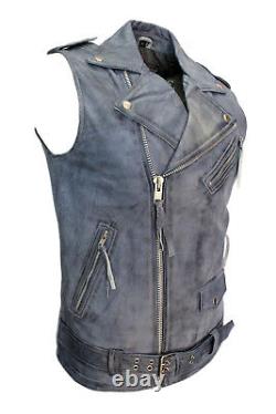 Brando Mens Biker Steam Punk Fitted Designer Style Blue Nappa Leather Waistcoat