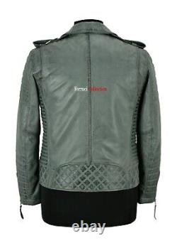 Brando Mens Leather Jacket Grey 100% Lambskin Classic Fashion Biker Style Jacket