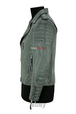 Brando Mens Leather Jacket Grey 100% Lambskin Classic Fashion Biker Style Jacket