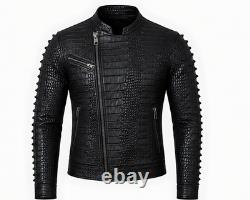 Crocodile Embossed Spine Ridge Men's Genuine Cowhide Black Leather Biker Jacket