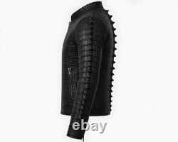 Crocodile Embossed Spine Ridge Men's Genuine Cowhide Black Leather Biker Jacket