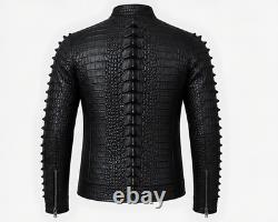 Crocodile Embossed Spine Ridge Men's Genuine Cowhide Black Leather Biker Jacket