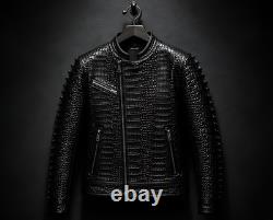 Crocodile Embossed Spine Ridge Men's Genuine Cowhide Black Leather Biker Jacket