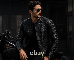 Crocodile Embossed Spine Ridge Men's Genuine Cowhide Black Leather Biker Jacket
