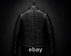Crocodile Embossed Spine Ridge Men's Genuine Cowhide Black Leather Biker Jacket