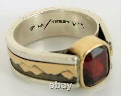 Custom Sterling 14k Yellow Gold Men's Signet Mountain Range Band Garnet Ring S10