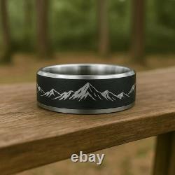 Engraved Mountain Range Ring, Unique Men's Tungsten Wedding Band, 8mm