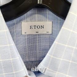 Eton Slim Fit Twill Check Dress Shirt Men's 42 16.5 Light Blue Button Closure