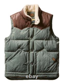 Faherty Range Down Vest Mens Nylon / Leather in Pine Cone Puffer Sz L NWT $448