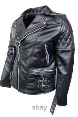 Fearless Men's Classic Biker Fitted Designer Style Navy Blue Hide Leather Jacket