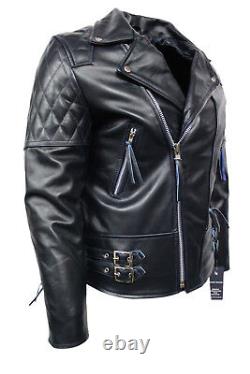 Fearless Men's Classic Biker Fitted Designer Style Navy Blue Hide Leather Jacket