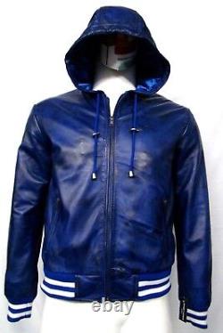 Freddy Men's Classic Hip Hop Fitted Hooded Style Blue Soft Napa Leather Jacket