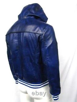 Freddy Men's Classic Hip Hop Fitted Hooded Style Blue Soft Napa Leather Jacket