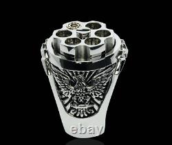 Last Shot Lucky Revolver Eagle Design Men's Biker Ring In 935 Argentium Silver