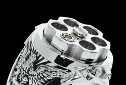 Last Shot Lucky Revolver Eagle Design Men's Biker Ring In 935 Argentium Silver