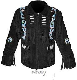 Men Black Native American Western Cowboy Suede Leather Jacket Fringes Beads- Zip