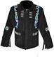 Men Black Native American Western Cowboy Suede Leather Jacket Fringes Beads- Zip