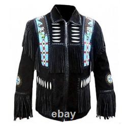 Men Black Native American Western Cowboy Suede Leather Jacket Fringes Beads- Zip