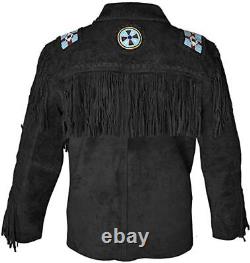 Men Black Native American Western Cowboy Suede Leather Jacket Fringes Beads- Zip