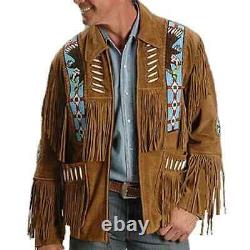 Men Brown Native American Western Cowboy Fringe Leather Suede Jacket with Zipper