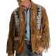 Men Brown Native American Western Cowboy Fringe Leather Suede Jacket With Zipper