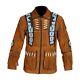 Men Brown Native American Western Cowboy Leather Suede Jacket Fringes Beads- Zip