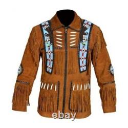 Men Brown Native American Western Cowboy Leather Suede Jacket Fringes Beads- Zip