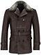 Men German Pea Coat Brown Fur Collar Classic Military Hide Leather Jacket Dr Who