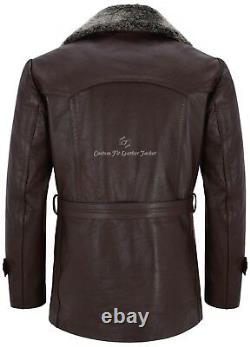 Men GERMAN PEA COAT Brown Fur Collar Classic Military Hide Leather Jacket Dr Who