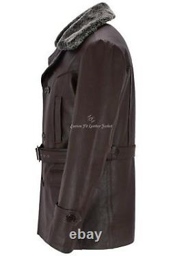 Men GERMAN PEA COAT Brown Fur Collar Classic Military Hide Leather Jacket Dr Who