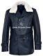 Men German Pea Coat Navy Fur Collar Classic Military Hide Leather Jacket Dr Who