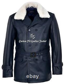 Men GERMAN PEA COAT Navy Fur Collar Classic Military Hide Leather Jacket Dr Who