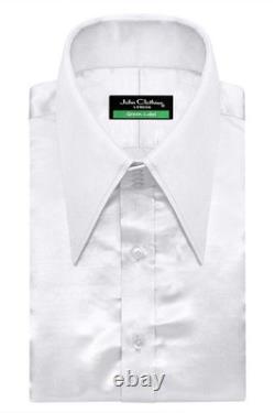 Men High Long Pointed Collar Shirt White Silk Satin 70s Vintage Goodfellas Style