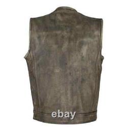 Men Motorcycle Rider Real Biker Leather Vest Hunt Club Distressed Concealed Vest