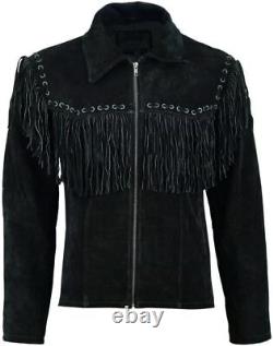 Men Native American Black Cowboy Leather Fringe Suede Western Jacket with Zipper
