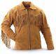Men Native American Brown Cowboy Leather Fringe Suede Western Jacket With Zipper