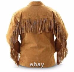 Men Native American Brown Cowboy Leather Fringe Suede Western Jacket with Zipper