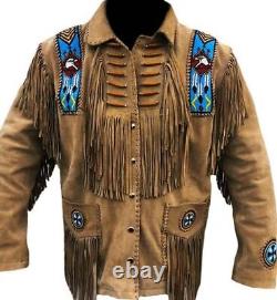 Men Native American Brown Western Suede Tassel Bead Fringe Leather Cowboy Jacket