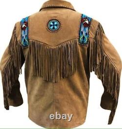 Men Native American Brown Western Suede Tassel Bead Fringe Leather Cowboy Jacket