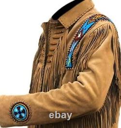 Men Native American Brown Western Suede Tassel Bead Fringe Leather Cowboy Jacket