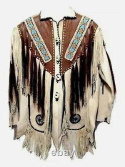 Men Native American Cowboy Fringed & Beaded Western White Leather Suede Jacket