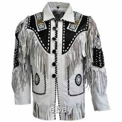 Men Native American Cowboy Fringed & Beaded Western White Leather Suede Jacket