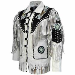Men Native American Cowboy Fringed & Beaded Western White Leather Suede Jacket