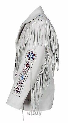 Men Native American Cowboy Fringed & Beaded Western White Leather Suede Jacket